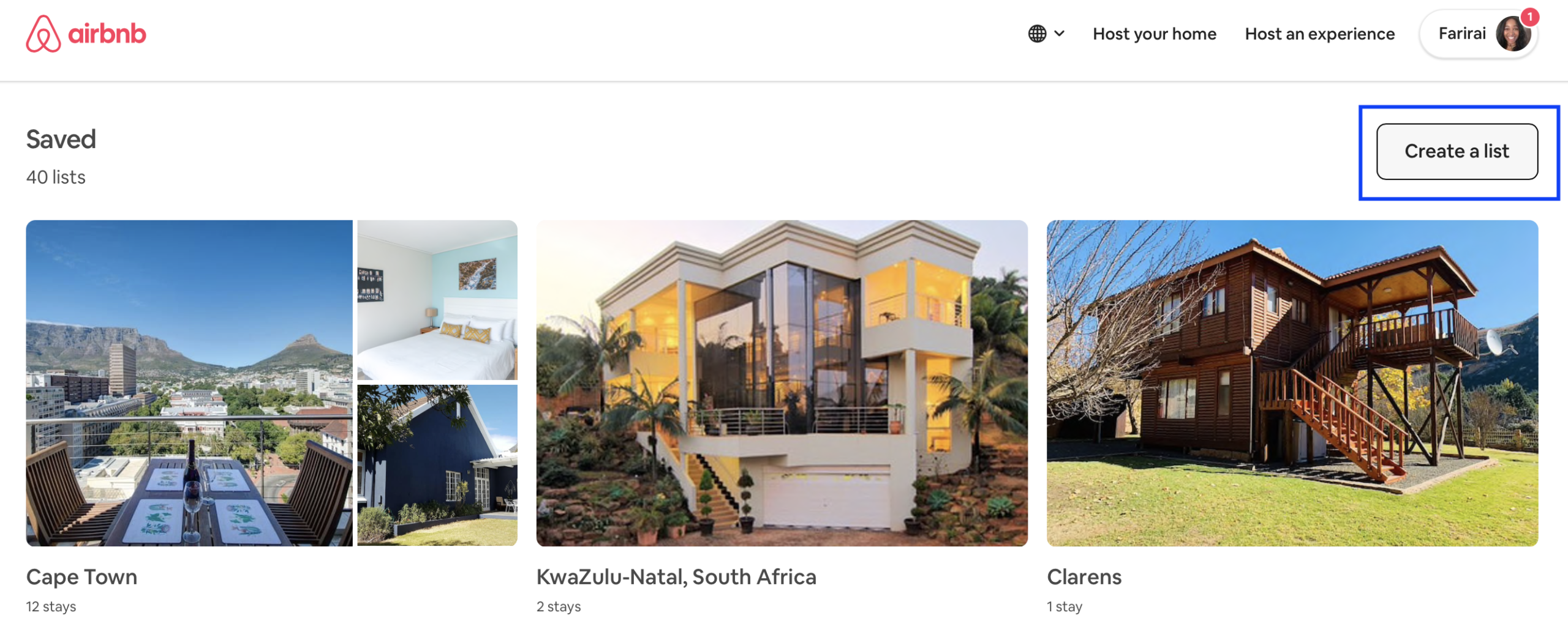 Screen shot of Airbnb lists