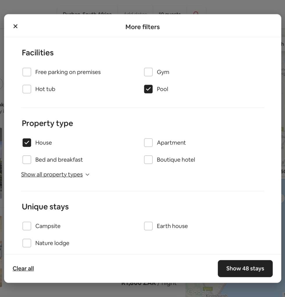 Screen shot of Airbnb search filters