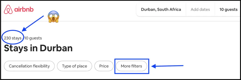 Screen shot of Airbnb search results