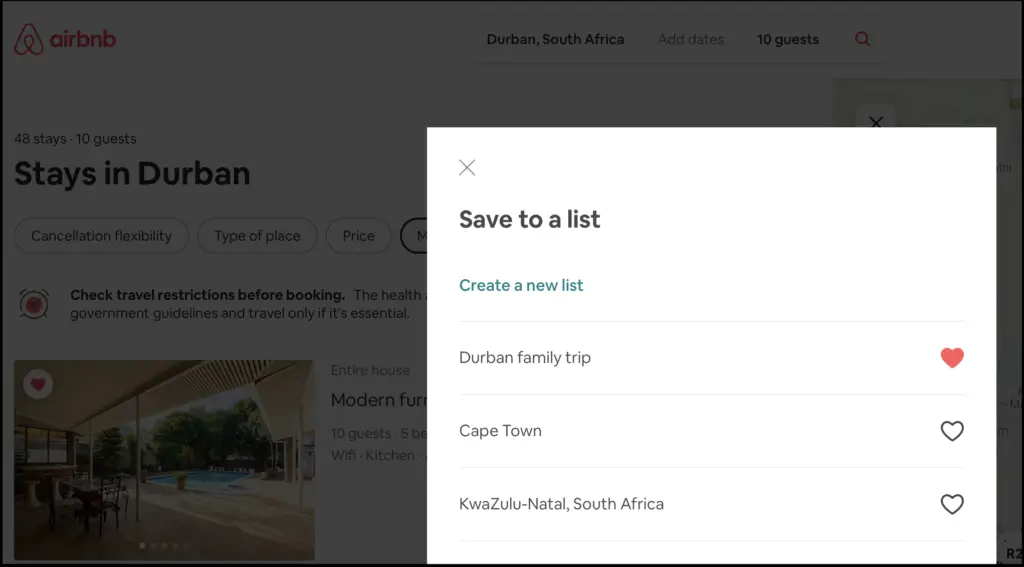 Screen shot of Airbnb saved lists