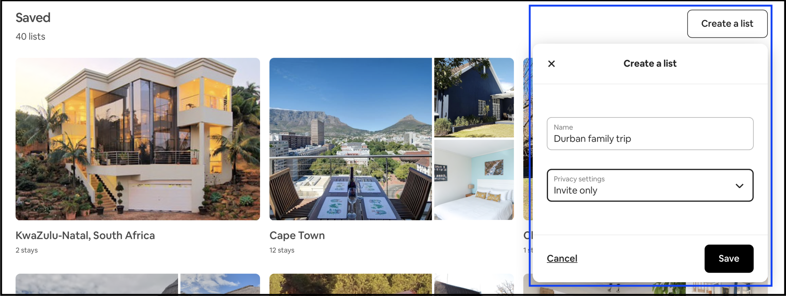 Screenshot showing how to create a list on Airbnb