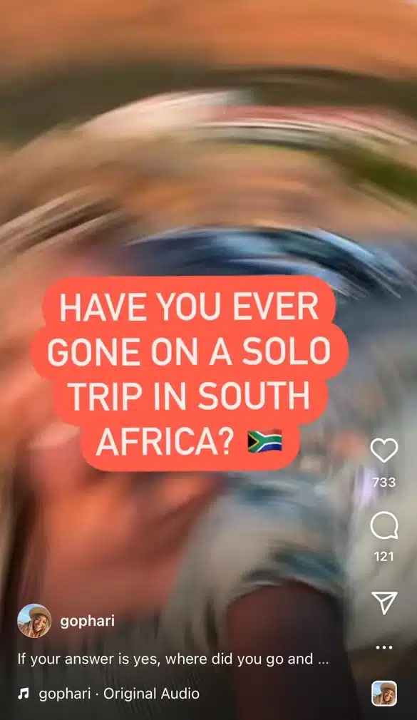 Screenshot of @Gophari Instagram Reel about solo travel in South Africa